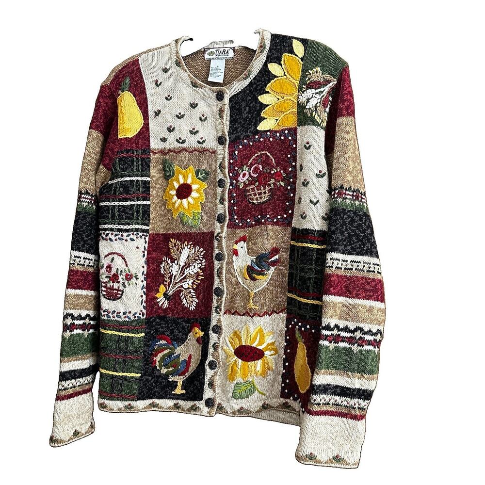 VTG TIARA INTERNATIONAL SZ S Tan Yellow Sunflower Rooster Ramie Cotton Cardigan